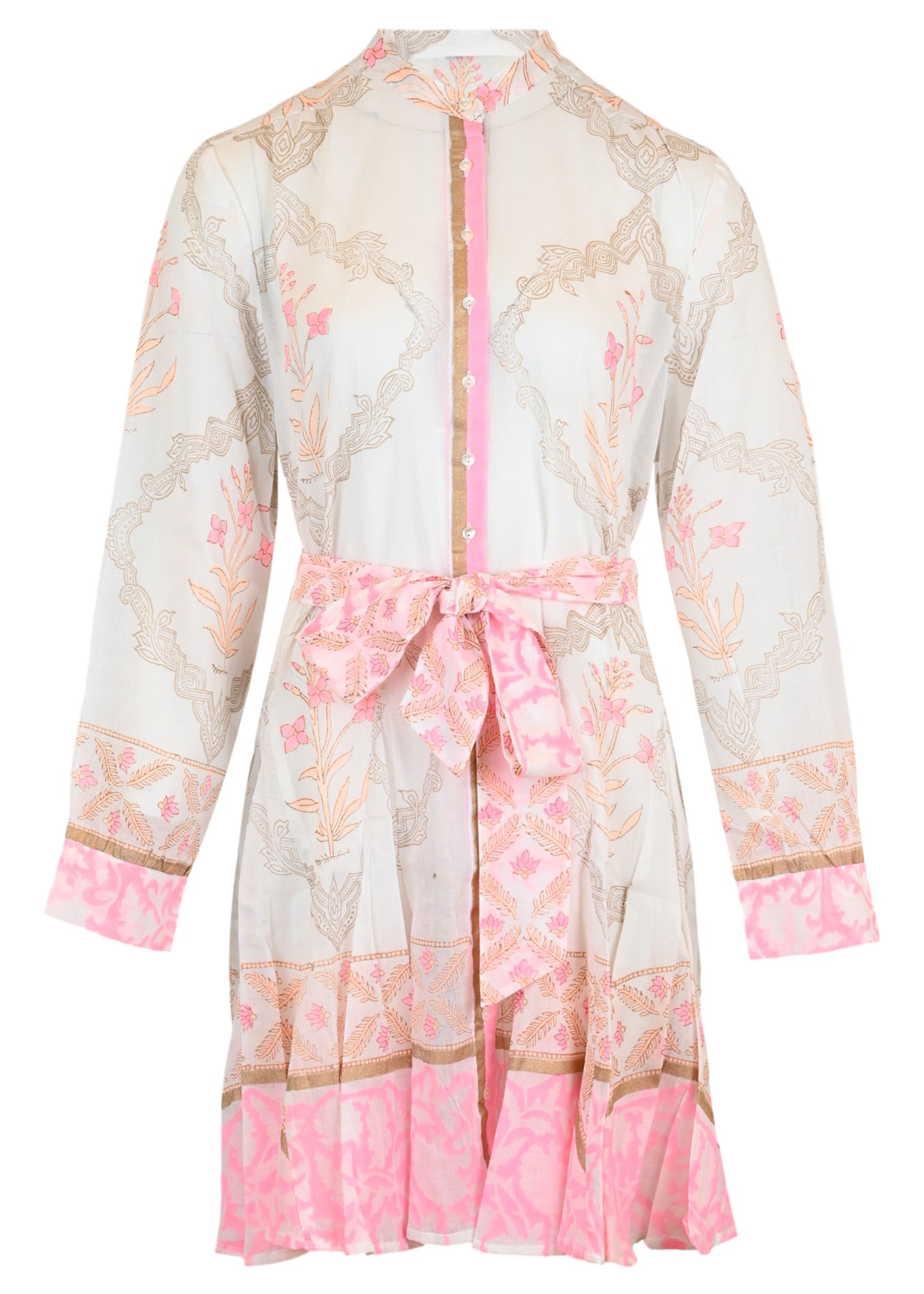 Load image into Gallery viewer, Godet Dress In Cage Block Print White/Pink Grapefruit
