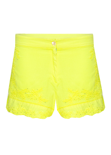 High Waisted Shorts With Lotus Embroidery-Lined Aqua/Neon Yellow