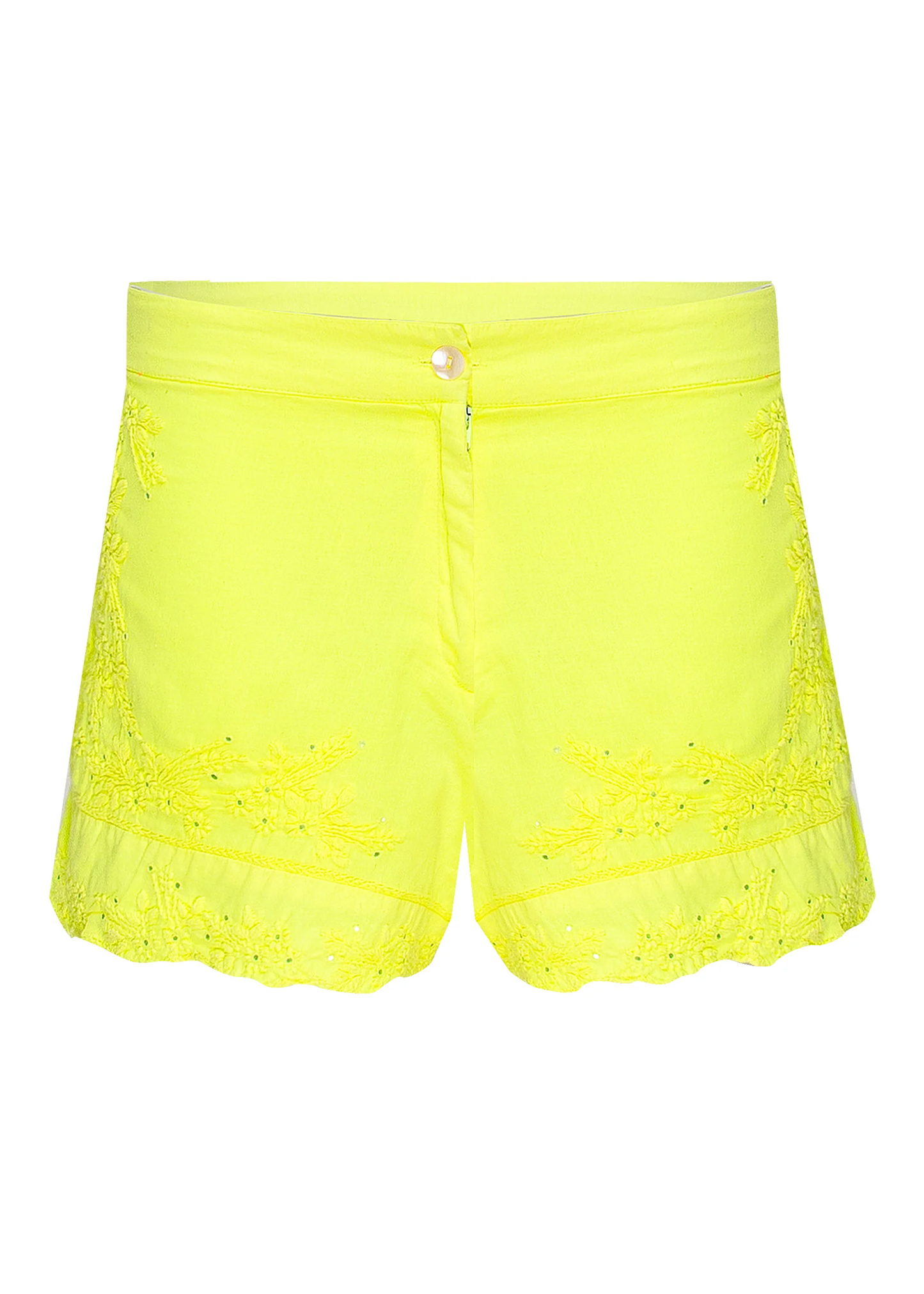 Load image into Gallery viewer, High Waisted Shorts With Lotus Embroidery-Lined Aqua/Neon Yellow
