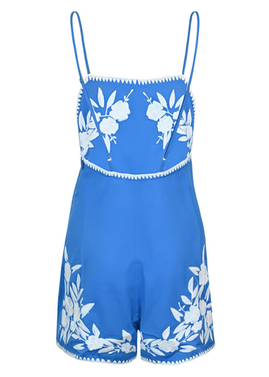 Linen Look Romper with Embroidery and Edge Stitch Marine/White
