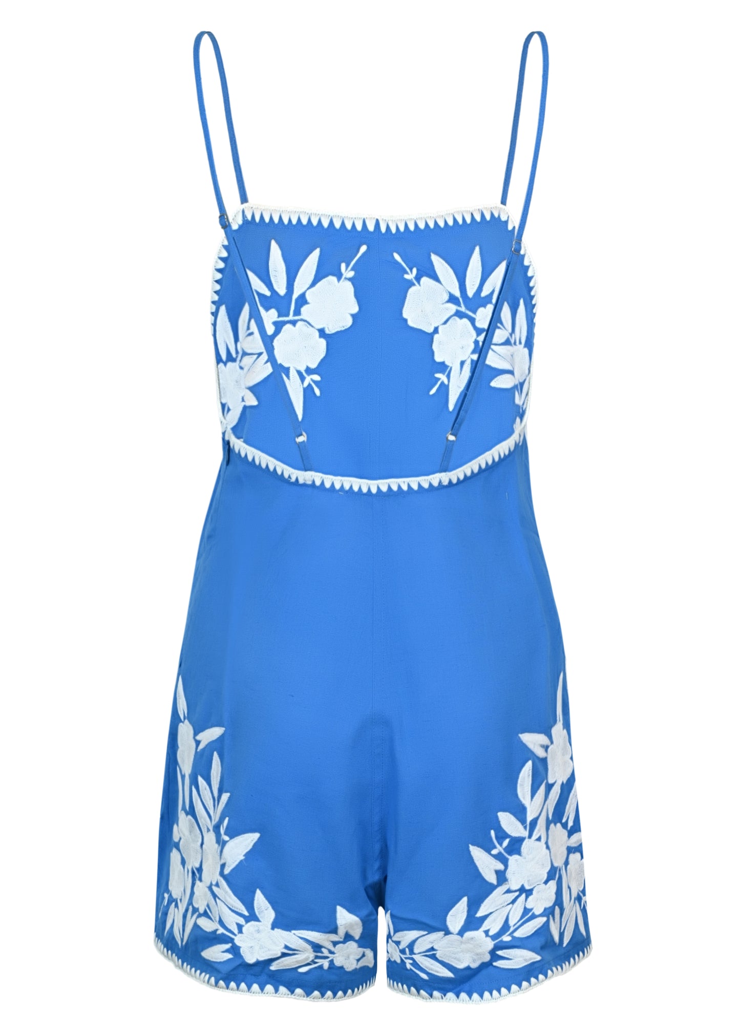 Load image into Gallery viewer, Linen Look Romper with Embroidery and Edge Stitch Marine/White
