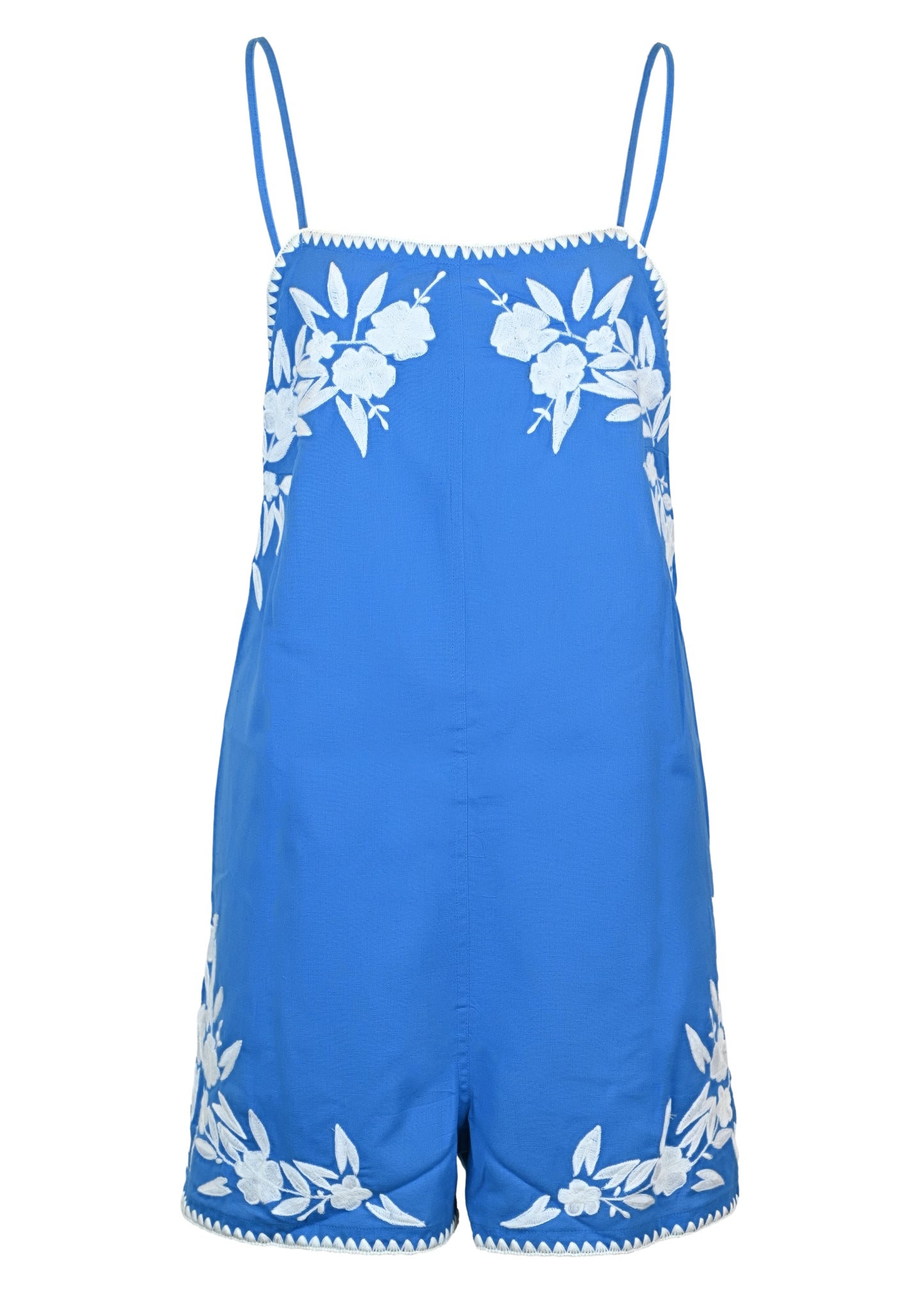 Load image into Gallery viewer, Linen Look Romper with Embroidery and Edge Stitch Marine/White
