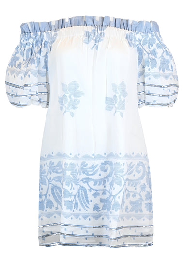 Off-Shoulder Mini Dress Dhaka Print White/Electric Blue