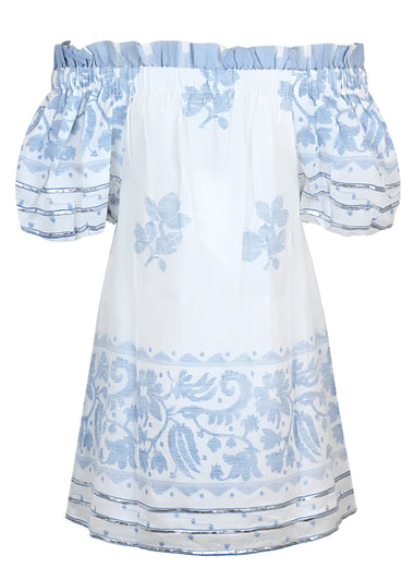 Off-Shoulder Mini Dress Dhaka Print White/Electric Blue