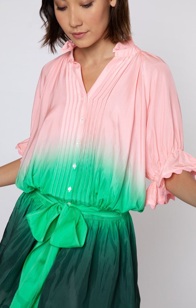 Load image into Gallery viewer, Ombre Dyed Blouson Dress With Ric Rac Trim Green - Dress

