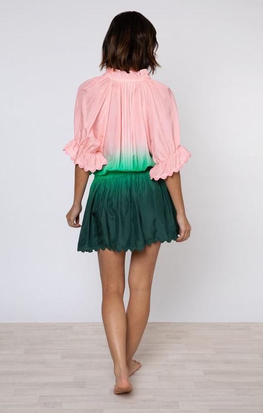 Ombre Dyed Blouson Dress With Ric Rac Trim Green