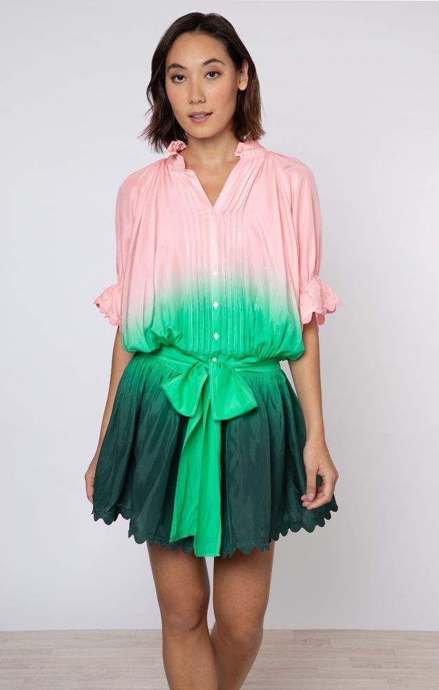 Load image into Gallery viewer, Ombre Dyed Blouson Dress With Ric Rac Trim Green - Dress
