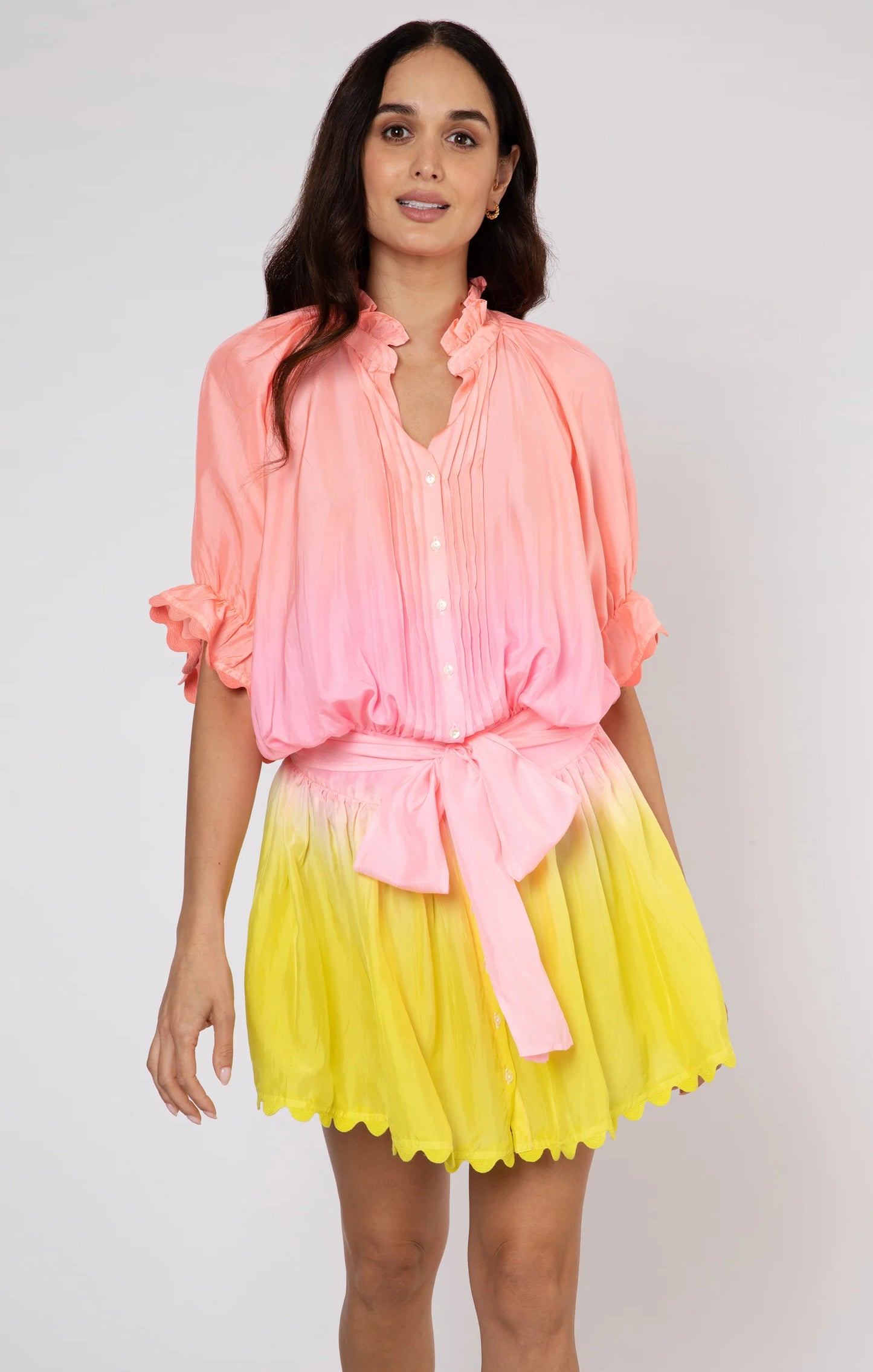 Load image into Gallery viewer, Ombre Dyed Blouson Dress With Ric Rac Trim Yellow - Dress
