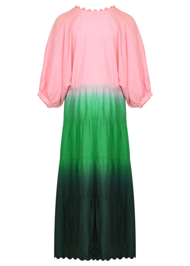 Ombre Dyed V-Neck Loose Maxi Dress With Ric Rac Trim Green