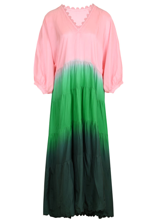 Ombre Dyed V-Neck Loose Maxi Dress With Ric Rac Trim Green