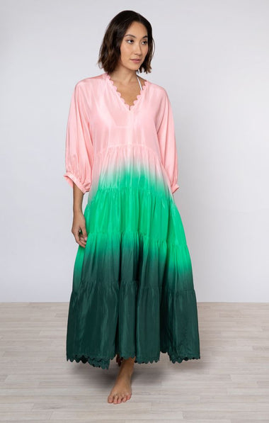 Ombre Dyed V-Neck Loose Maxi Dress With Ric Rac Trim Green - Dress
