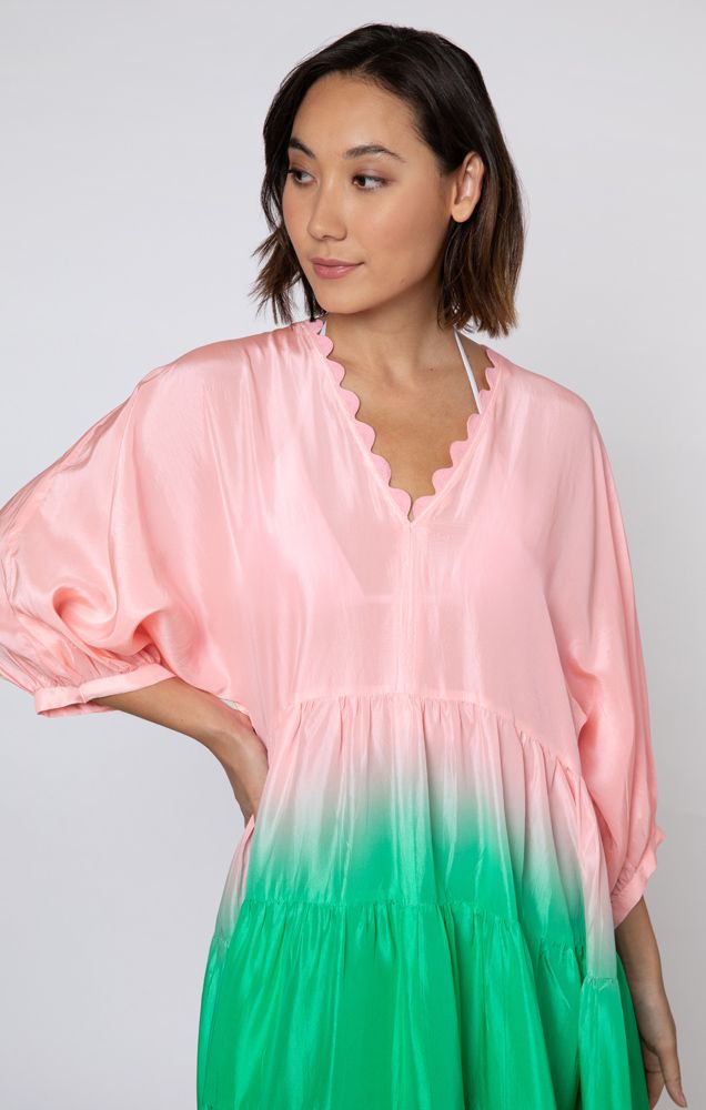 Load image into Gallery viewer, Ombre Dyed V-Neck Loose Maxi Dress With Ric Rac Trim Green - Dress
