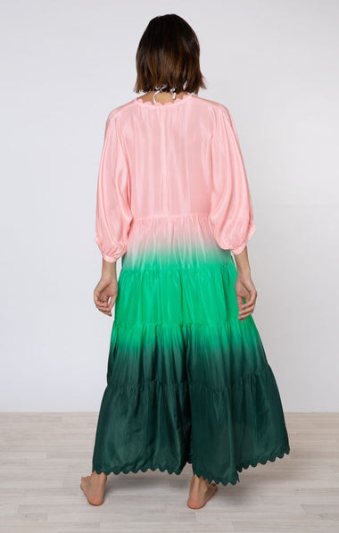 Ombre Dyed V-Neck Loose Maxi Dress With Ric Rac Trim Green - Dress