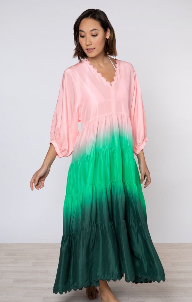 Load image into Gallery viewer, Ombre Dyed V-Neck Loose Maxi Dress With Ric Rac Trim Green - Dress
