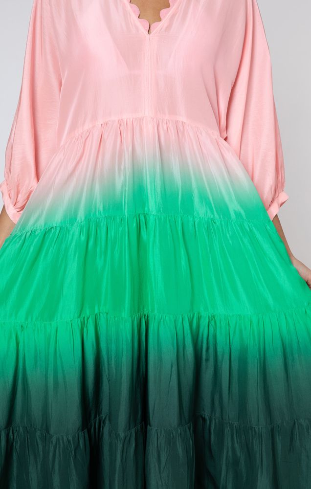 Load image into Gallery viewer, Ombre Dyed V-Neck Loose Maxi Dress With Ric Rac Trim Green - Dress
