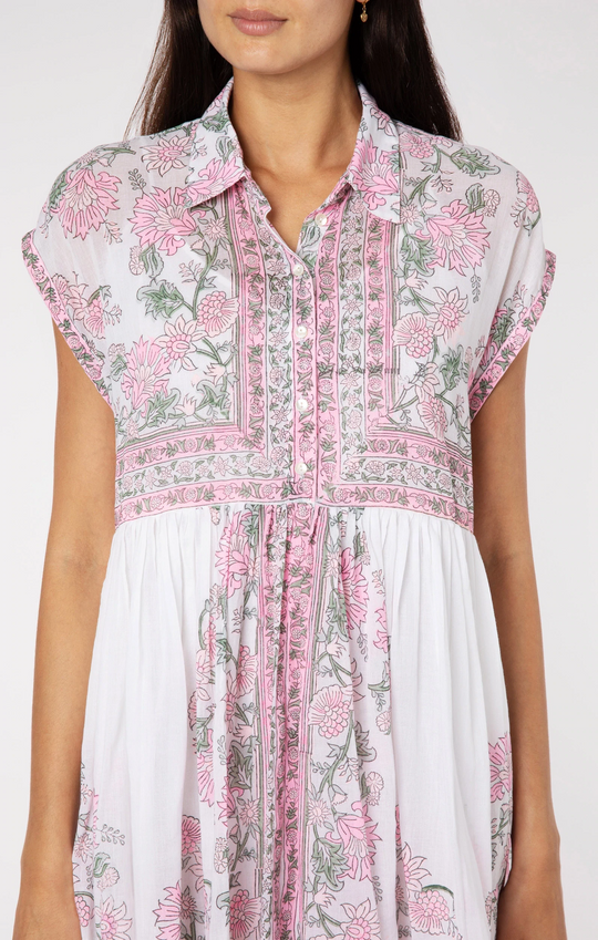 Poncho Shirt Dress Rose Border Block Print With Slip White/Lipstick