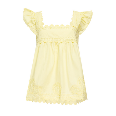 Poplin Baby Doll Top with Ric Rac Embroidery Lemon - Top