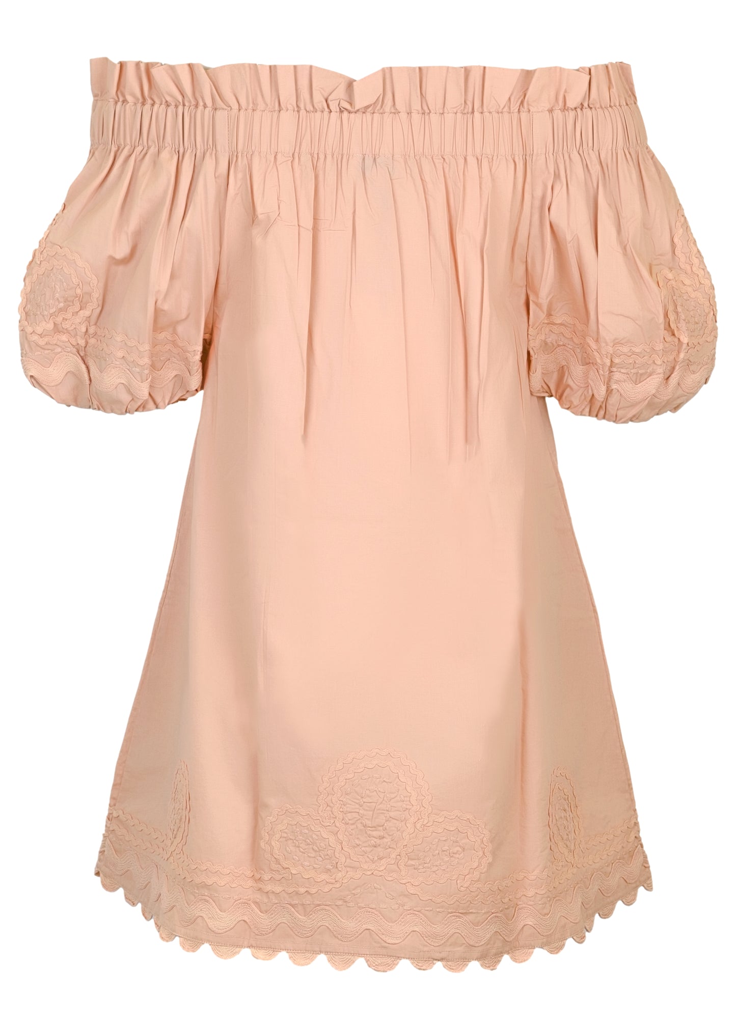 Load image into Gallery viewer, Poplin Off-Shoulder Mini Dress with Ric Rac Embroidery In Bronze
