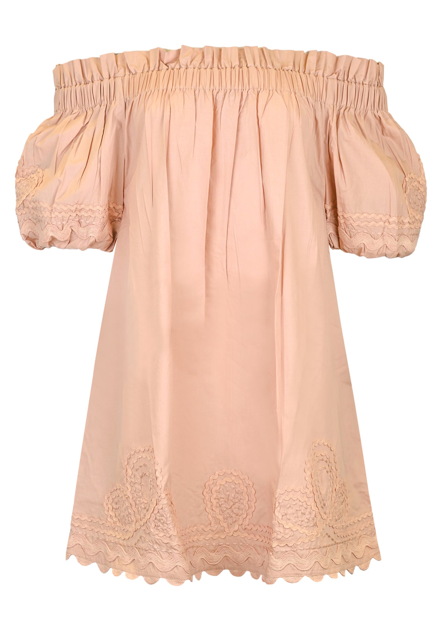 Poplin Off-Shoulder Mini Dress with Ric Rac Embroidery In Bronze
