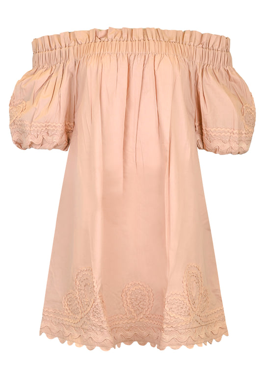 Poplin Off-Shoulder Mini Dress with Ric Rac Embroidery In Bronze