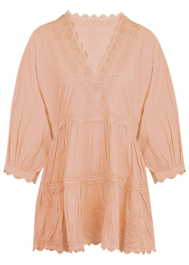 Poplin V-Neck Tiered Mini Dress with Ric Rac Embroidery In Bronze