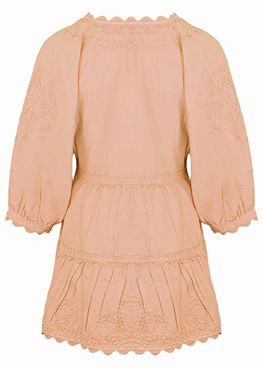 Poplin V-Neck Tiered Mini Dress with Ric Rac Embroidery In Bronze