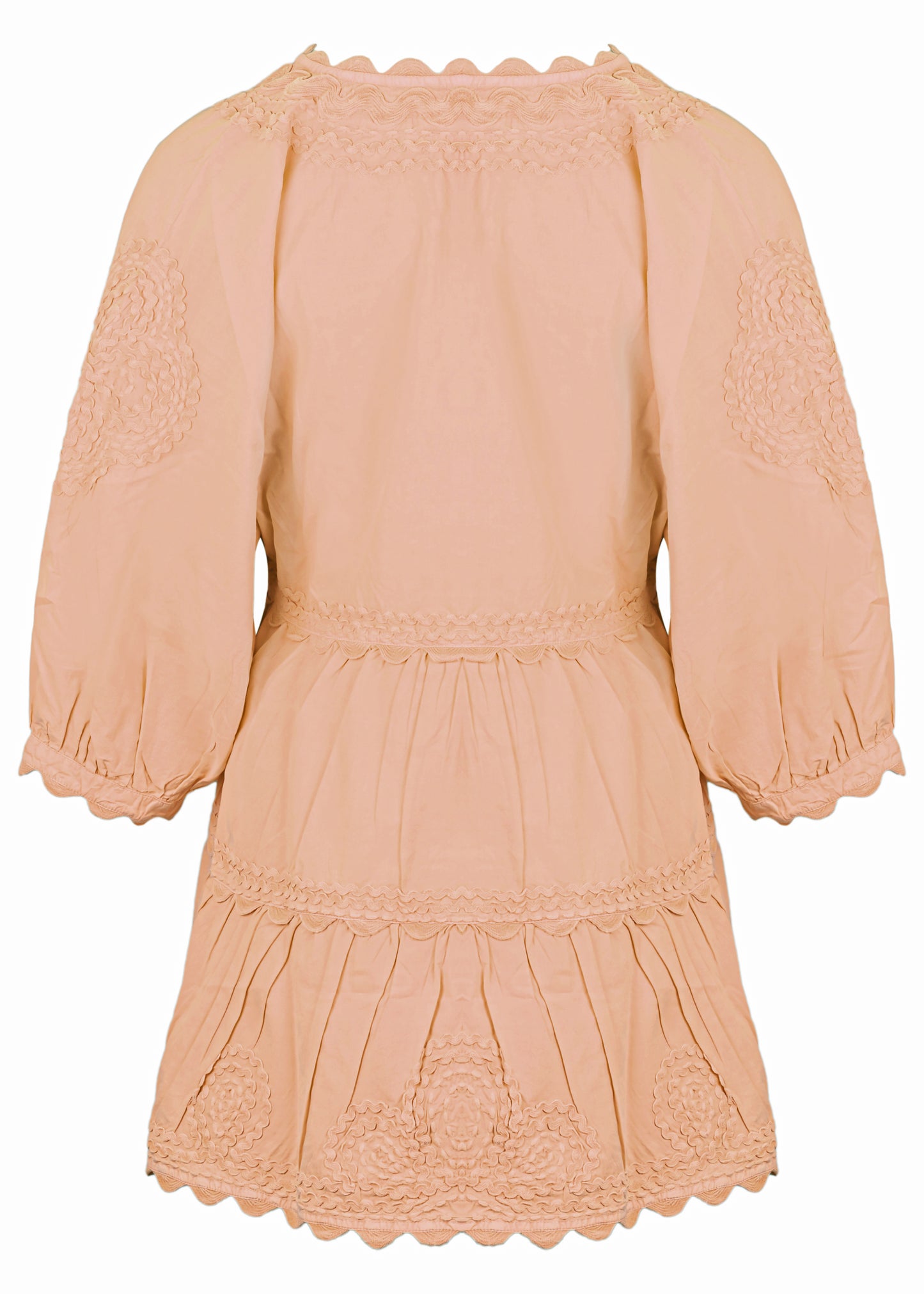 Load image into Gallery viewer, Poplin V-Neck Tiered Mini Dress with Ric Rac Embroidery In Bronze
