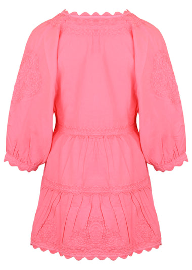 Poplin V-Neck Tiered Mini Dress with Ric Rac Embroidery In Watermelon