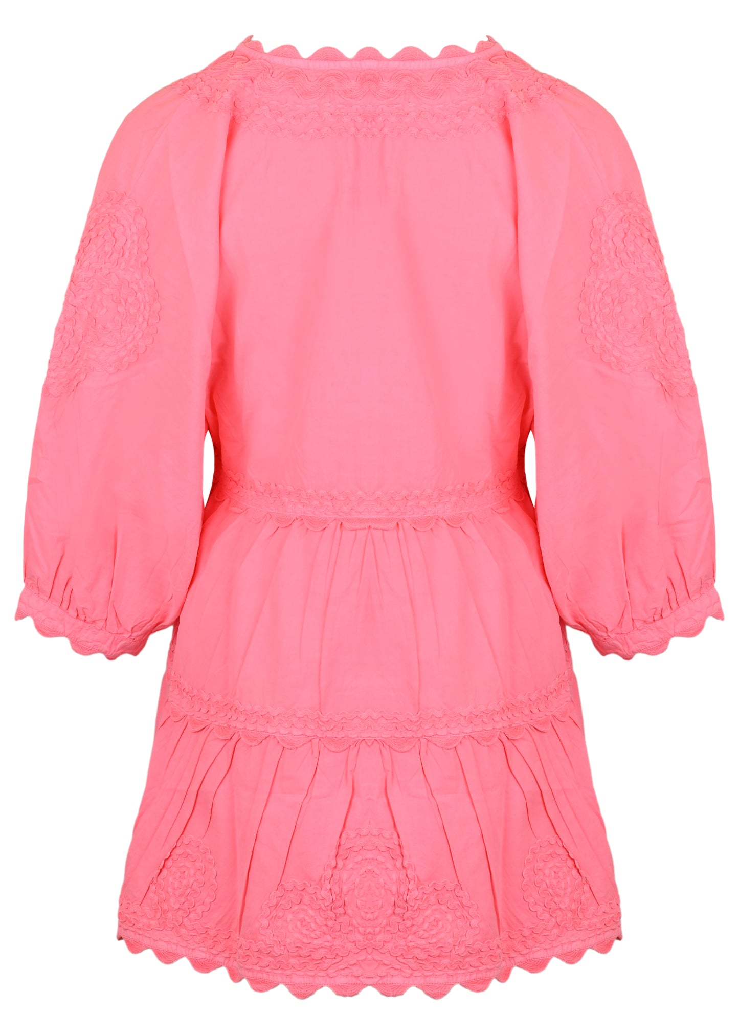 Load image into Gallery viewer, Poplin V-Neck Tiered Mini Dress with Ric Rac Embroidery In Watermelon
