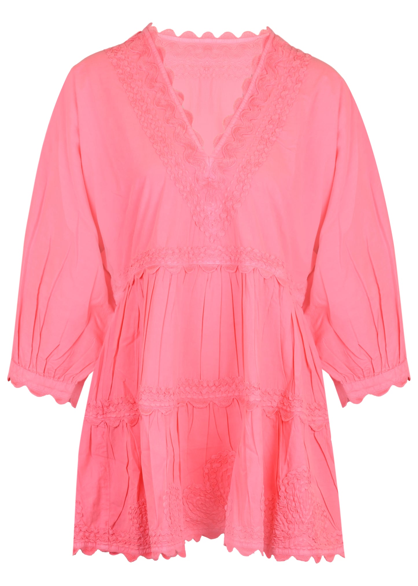 Poplin V-Neck Tiered Mini Dress with Ric Rac Embroidery In Watermelon