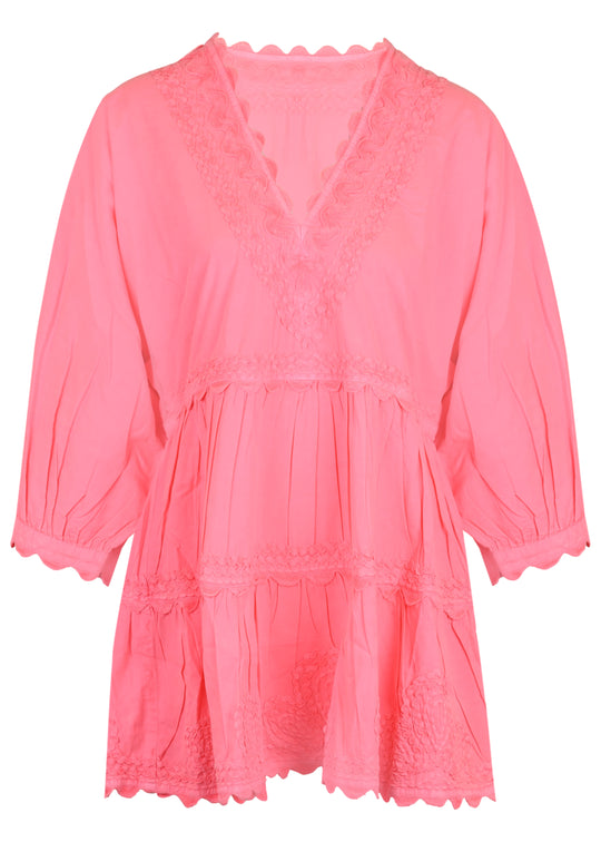 Poplin V-Neck Tiered Mini Dress with Ric Rac Embroidery In Watermelon