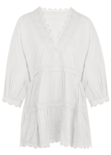 Poplin V-Neck Tiered Mini Dress Embroidery In White