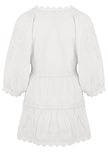 Poplin V-Neck Tiered Mini Dress Embroidery In White
