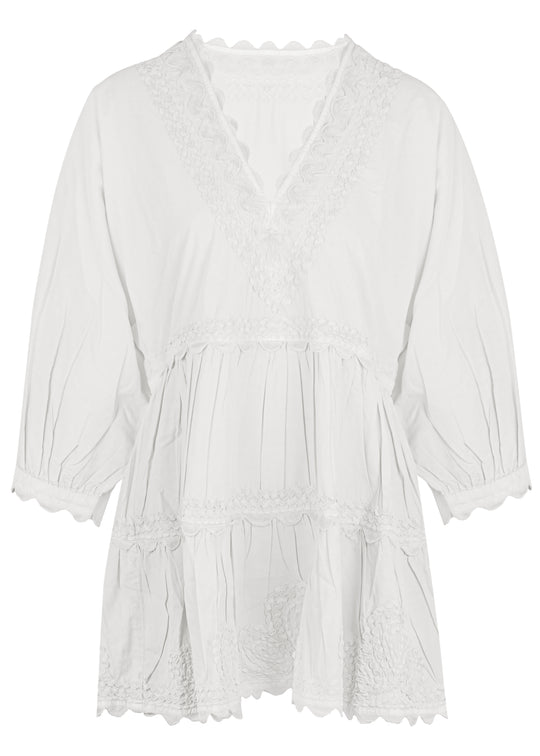 Poplin V-Neck Tiered Mini Dress Embroidery In White