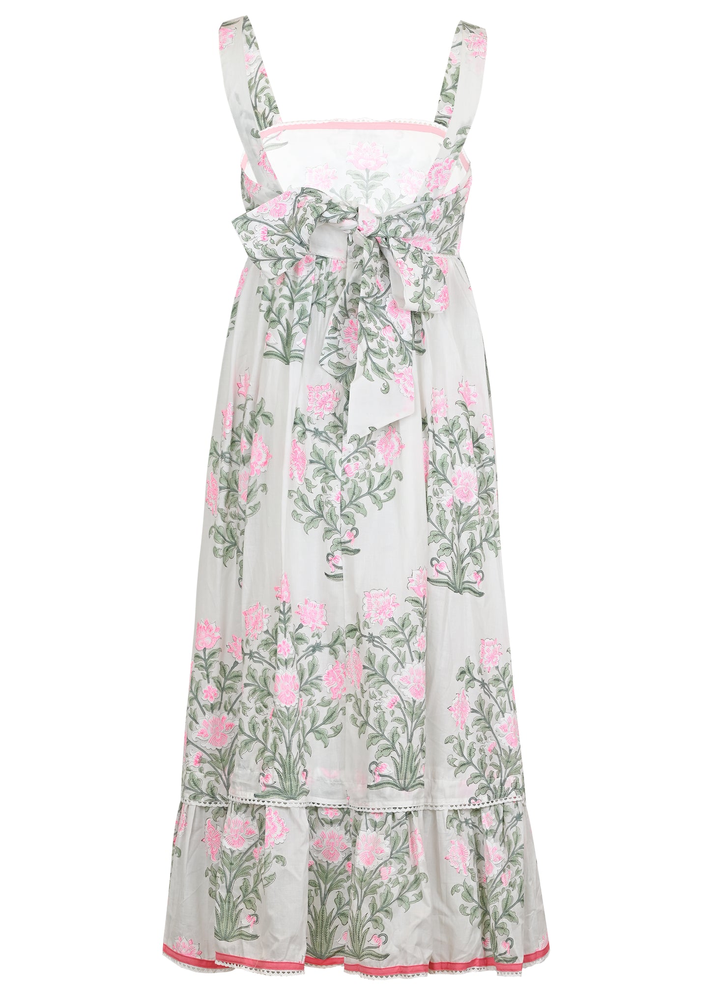 Load image into Gallery viewer, Sash Bow Back Midi Dress In Japanese Flower Print White/Coral/Sage
