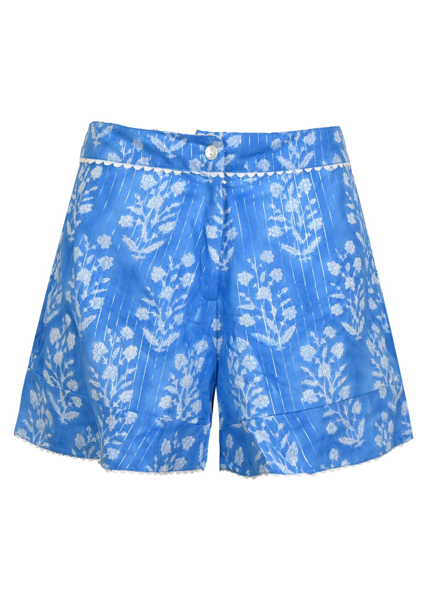 Load image into Gallery viewer, Small Flower Print High Waisted Shorts W/Lurex L Sapphire/Silver

