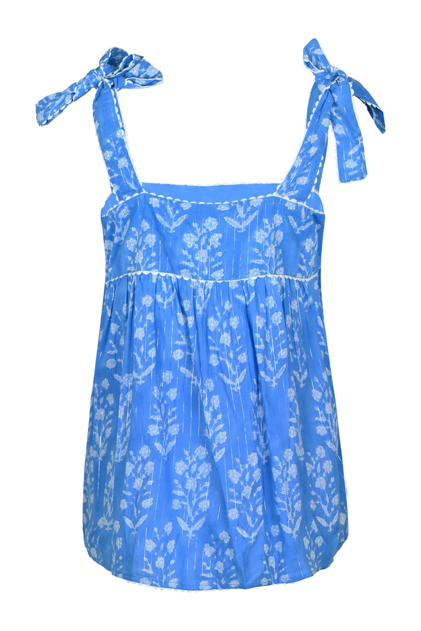 Load image into Gallery viewer, Small Flower Print Tie Shoulder Top W/Lurex L Sapphire/Silver
