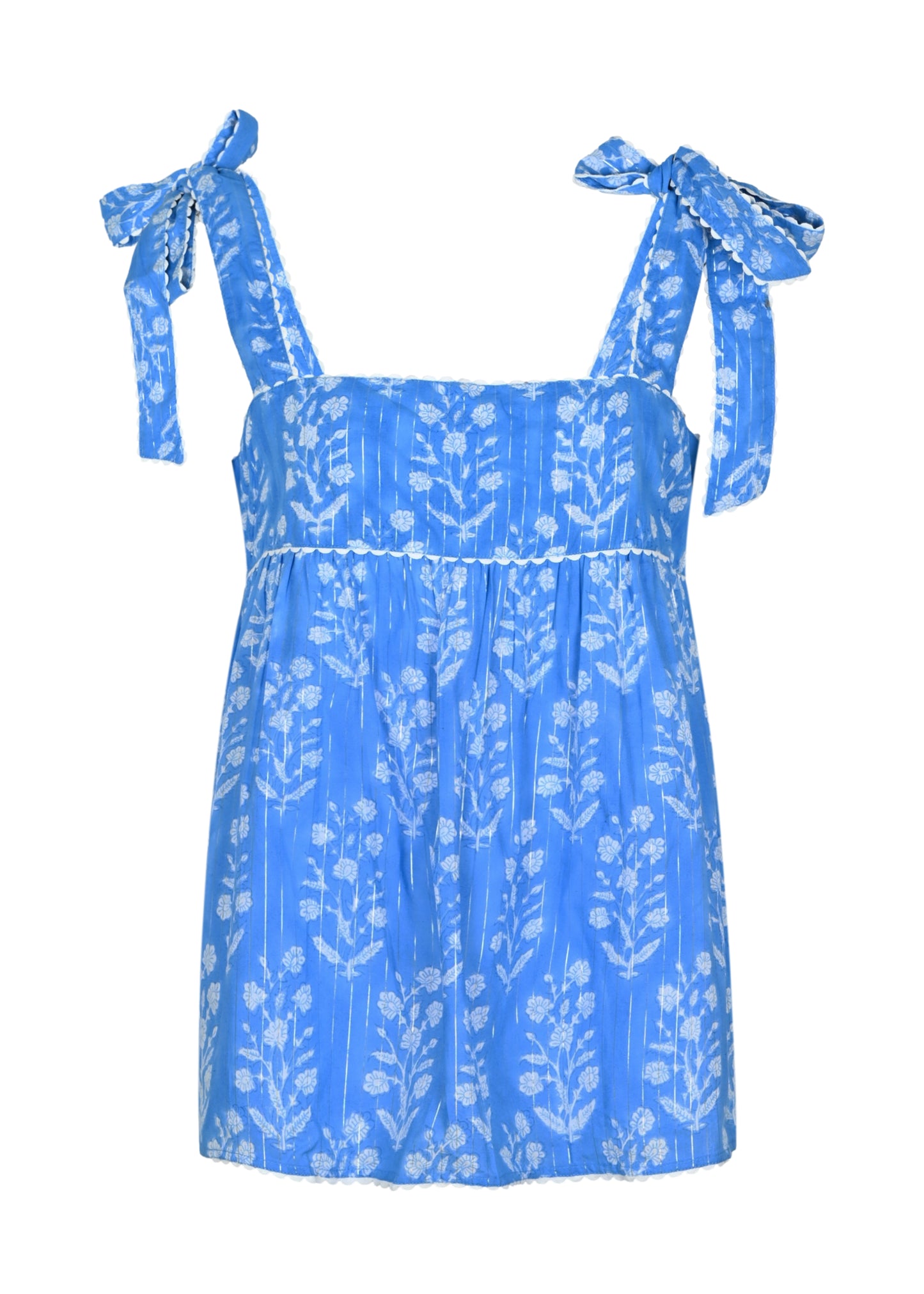 Load image into Gallery viewer, Small Flower Print Tie Shoulder Top W/Lurex L Sapphire/Silver

