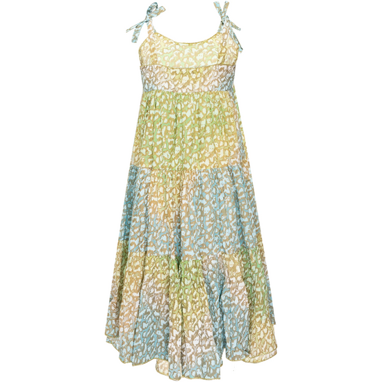 Load image into Gallery viewer, Tie Dye 70&amp;#39;s Sun Dress With Snow Leopard Print Green Lime/Turq
