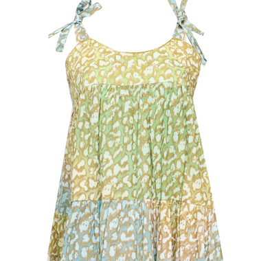 Tie Dye 70’s Sun Dress With Snow Leopard Print Green Lime/Turq - Dress