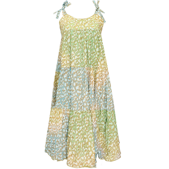 Tie Dye 70's Sun Dress With Snow Leopard Print Green Lime/Turq