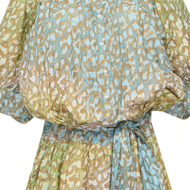 Tie Dye Blouson Dress With Snow Leopard Print Green Lime/Turq - Dress