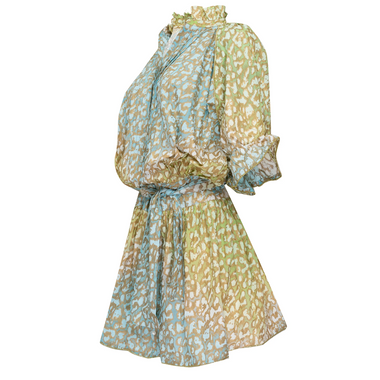 Tie Dye Blouson Dress With Snow Leopard Print Green Lime/Turq - Dress