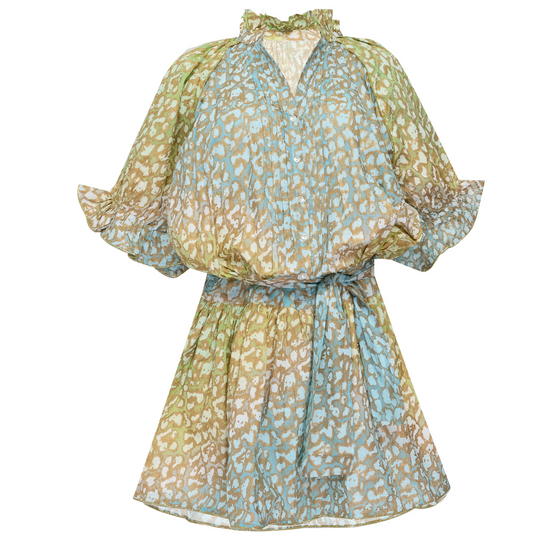 Tie Dye Blouson Dress With Snow Leopard Print Green Lime/Turq