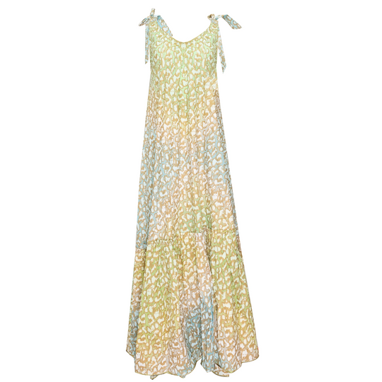 Load image into Gallery viewer, Tie Dye V-Neck Maxi Dress With Snow Leopard Print Green Lime/Turq
