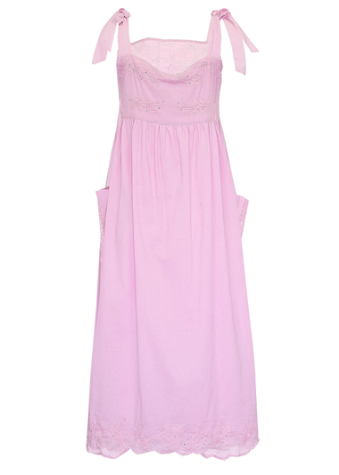 Tie Shoulder Dress With Tonal Lotus Embriodery Almond Acid Wash