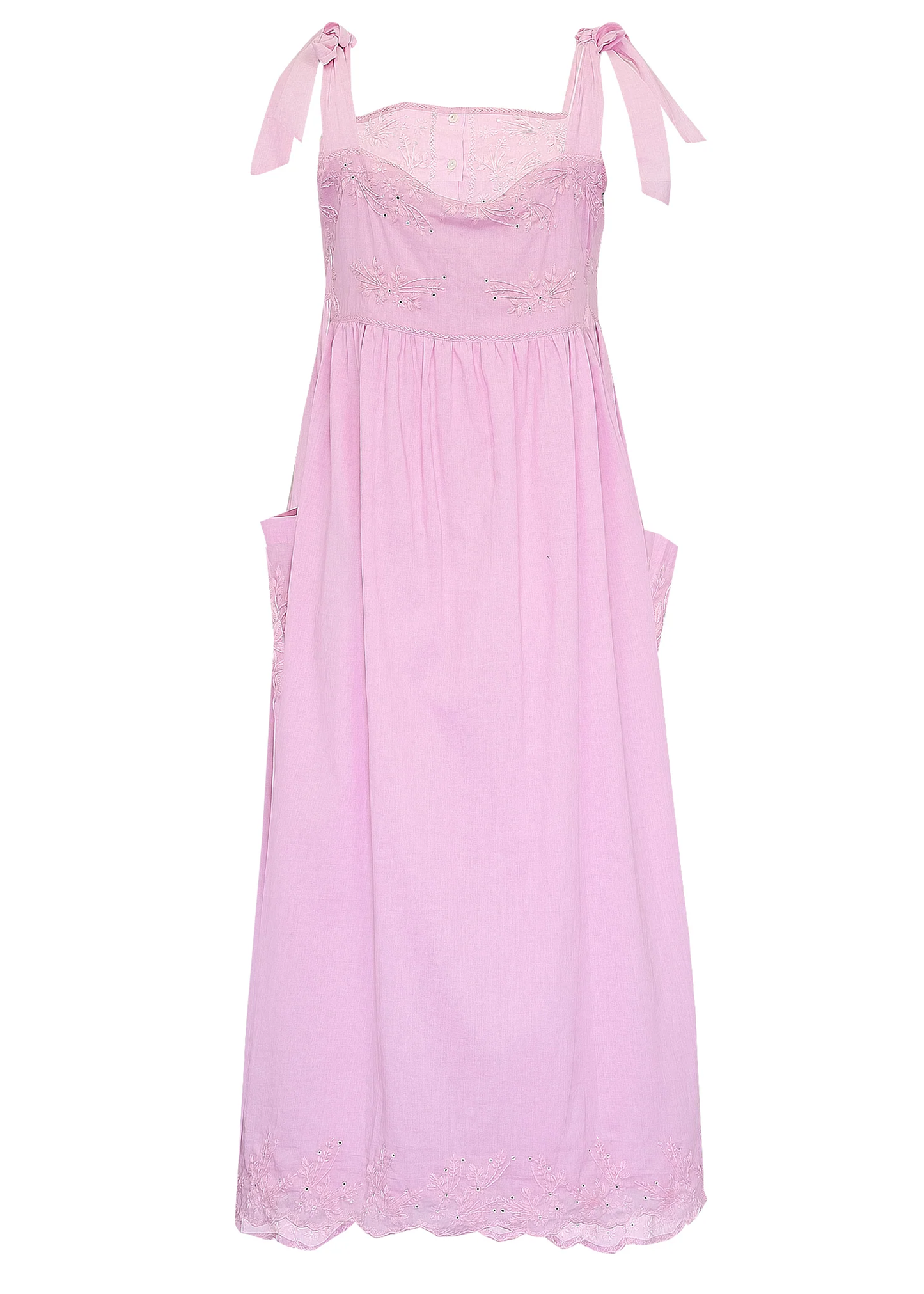 Load image into Gallery viewer, Tie Shoulder Dress With Tonal Lotus Embriodery Almond Acid Wash
