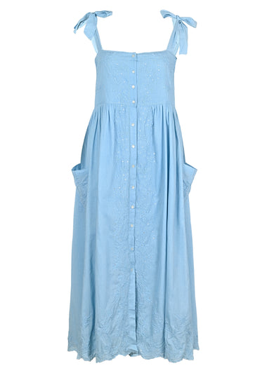 Tie Shoulder Dress With Tonal Lotus Embroidery Blue Acid Wash