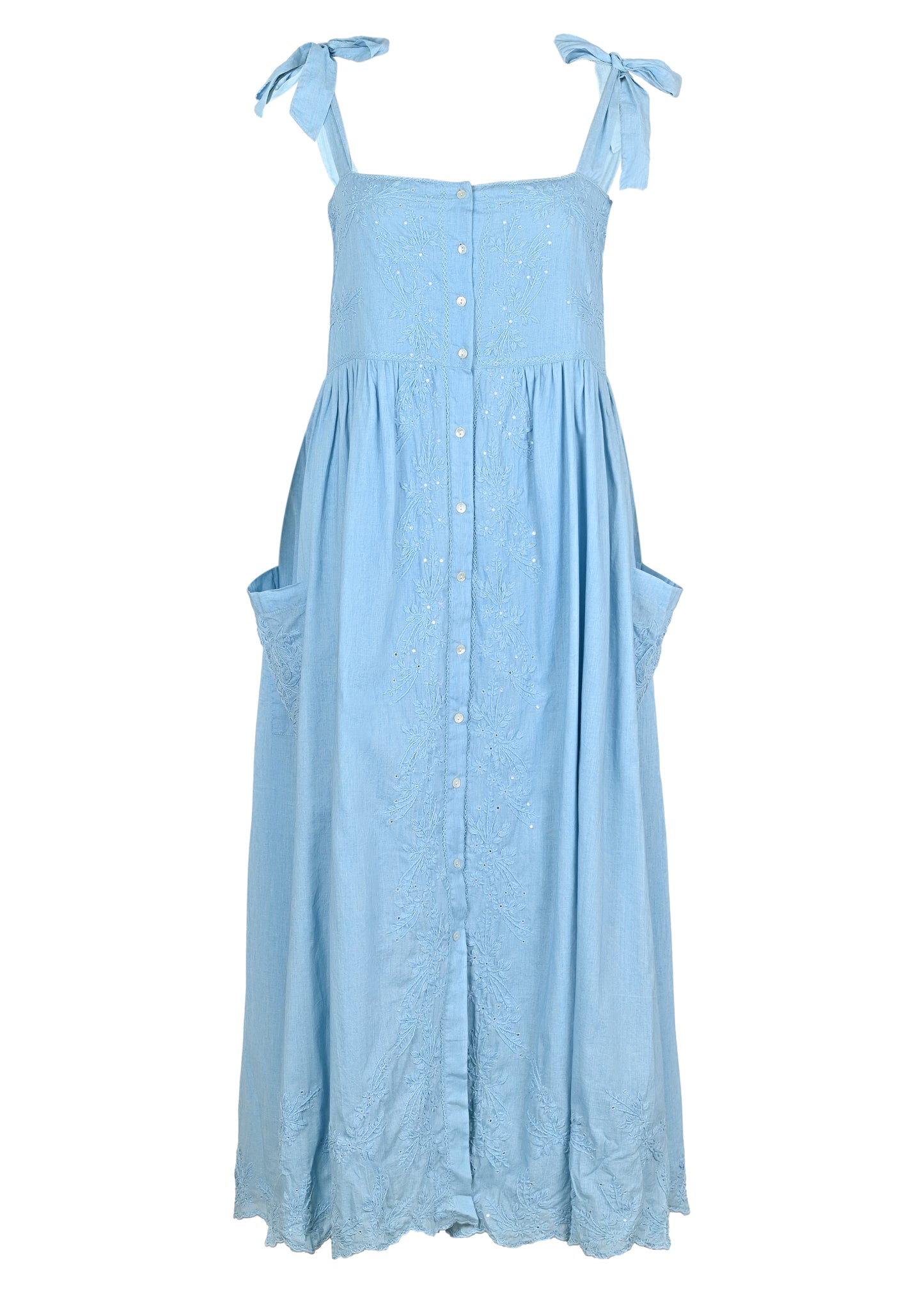 Tie Shoulder Dress With Tonal Lotus Embroidery Blue Acid Wash
