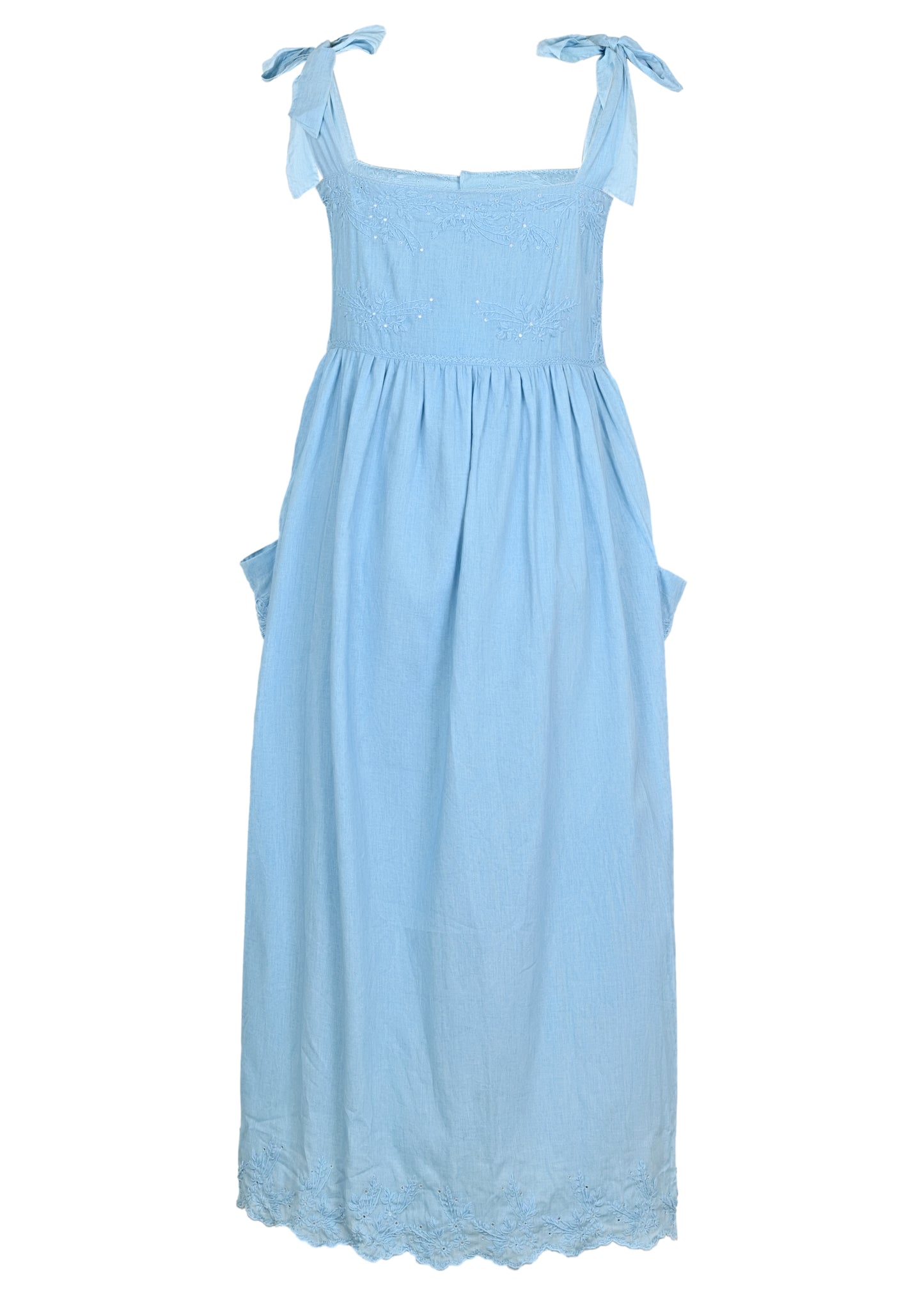 Load image into Gallery viewer, Tie Shoulder Dress With Tonal Lotus Embroidery Blue Acid Wash
